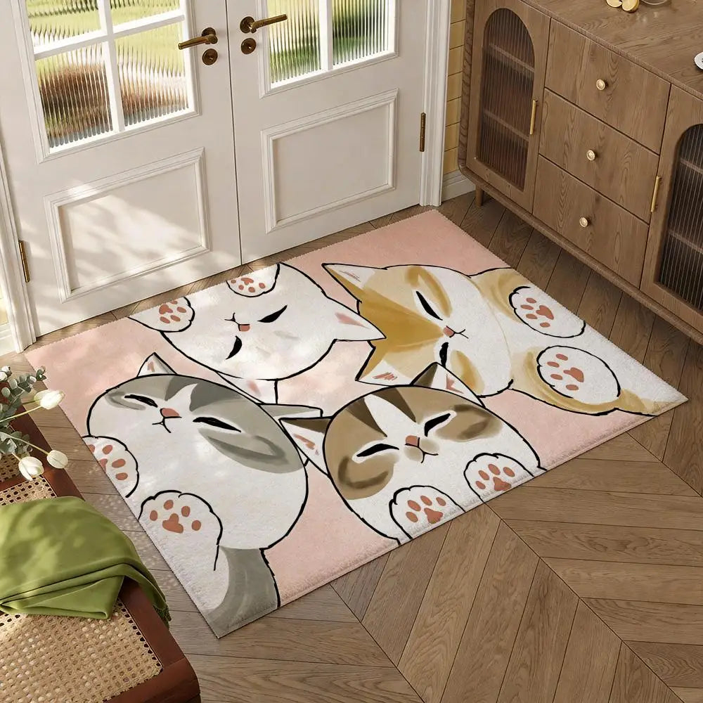 tapis moderne rose clair gris beige dessin animé chats bordure blanche salon