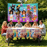boîtes sucreries personnages dessins animés étiquettes eau affiche fête serviettes table multicolore anniversaire