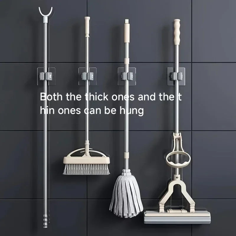 porte balai adhésif support murale rangement moderne salle bain outils nettoyage hooks gris clair