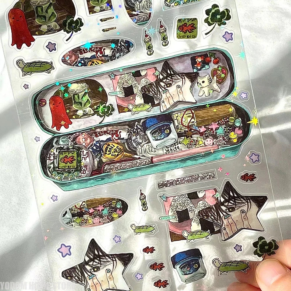 sticker multicolore personnages animaux motifs floraux art japonais diy scrapbooking illustrations fantaisistes