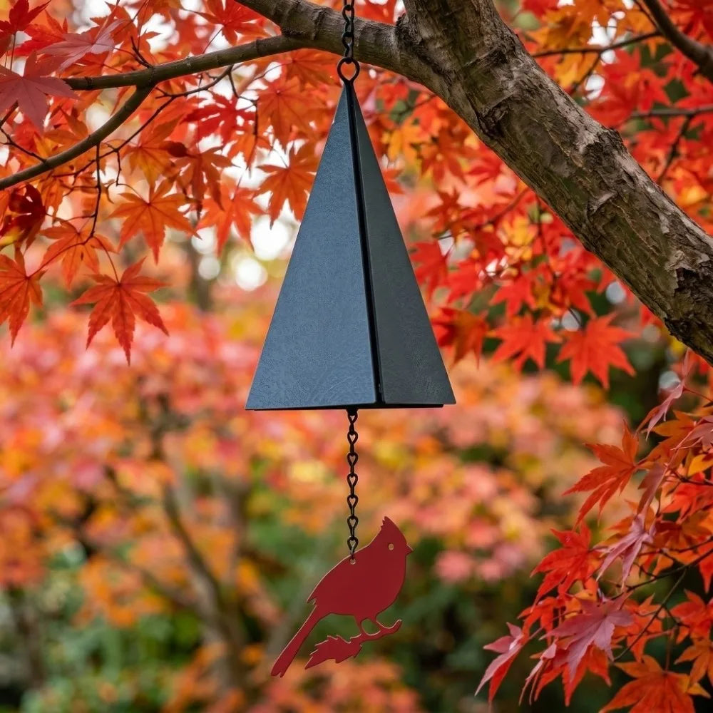 sonnette décorative rustique oiseau cardinal feuilles automne pierre brute métal noir rouge verteSuspense... Voici