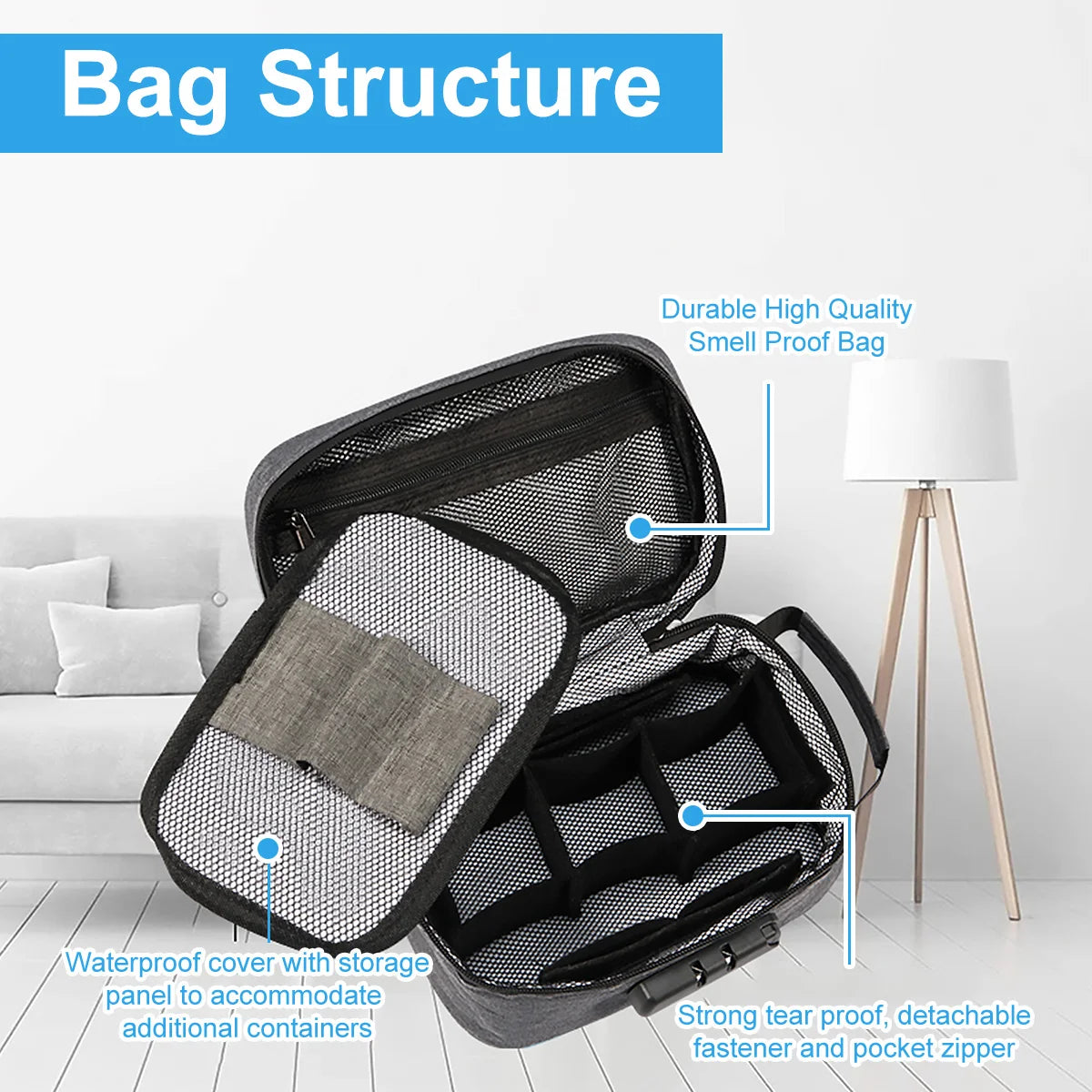 Sac rangement réutilisable toile nylon gris bleu clair moderne code sécurité poignée amovible voyage