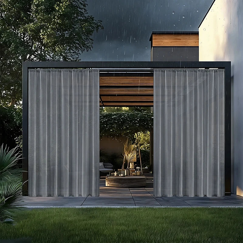 rideaux extérieurs pergola tissu plissé blanc gris translucides moderne minimaliste tringle métallique