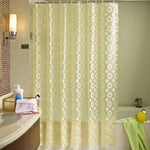 rideau douche moderne transparent cercles dorés métalliques blanc jaune clair salle bain decoration