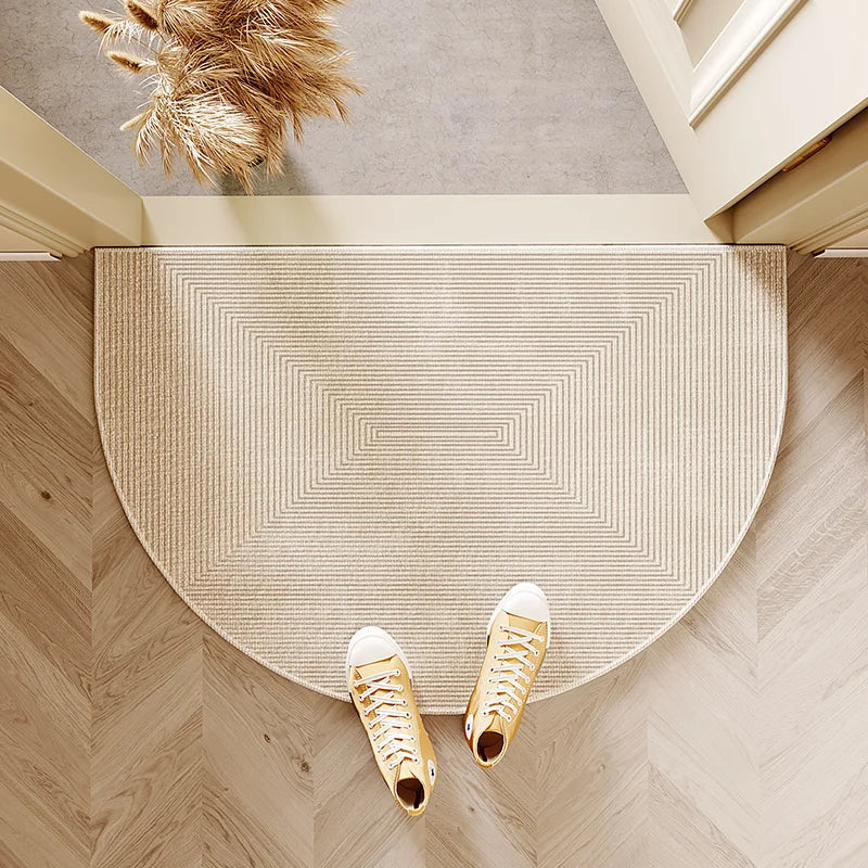 tapis demi circulaire moderne rayures horizontales résistant l'usure antidérapant porte entrée couleur beige clair