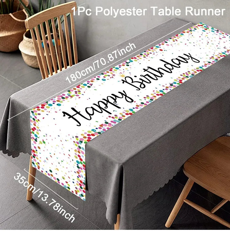 table runner happy birthday multicolore points colorés écriture cursive fête anniversaire moderne festif