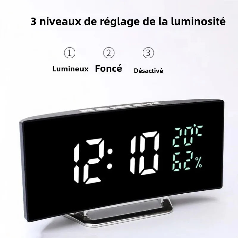 horloge numérique moderne miroir réveil affichage température luminosité réglable mode nuit led noir matériau