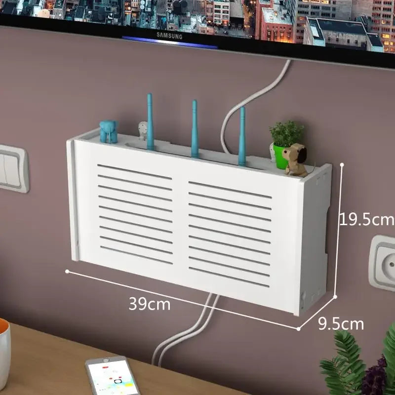 meuble rangement mural blanc bambou prises électriques étagères cable wifi
