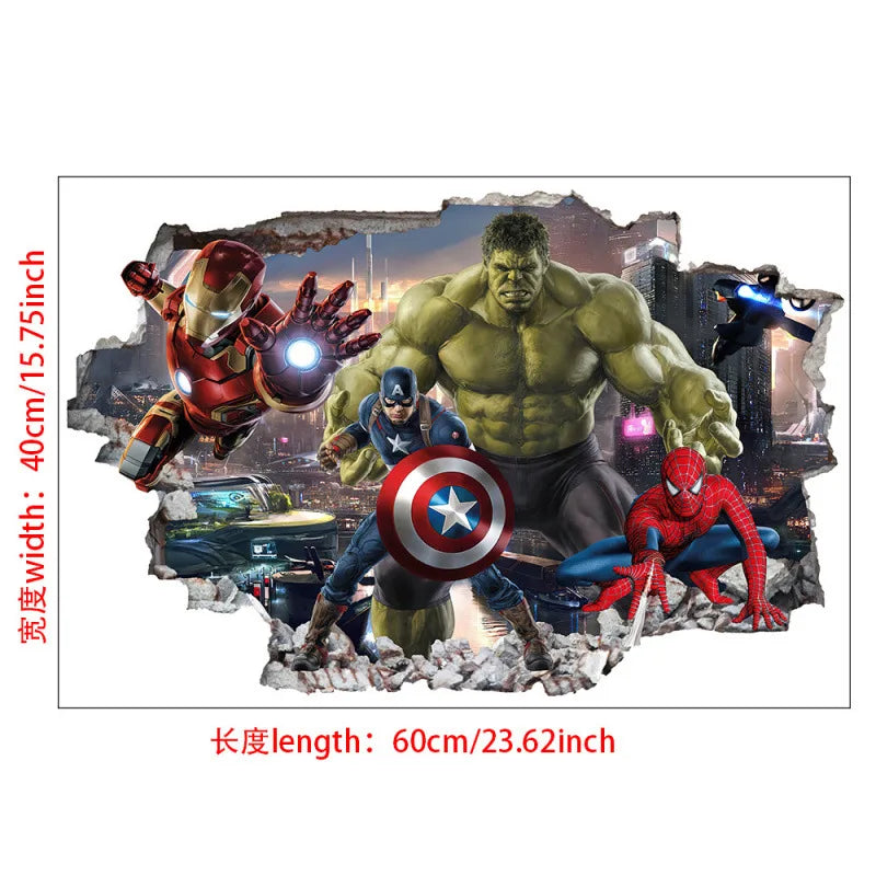 sticker mural 3d super héros hulk iron man captain america thor rouge bleu vert