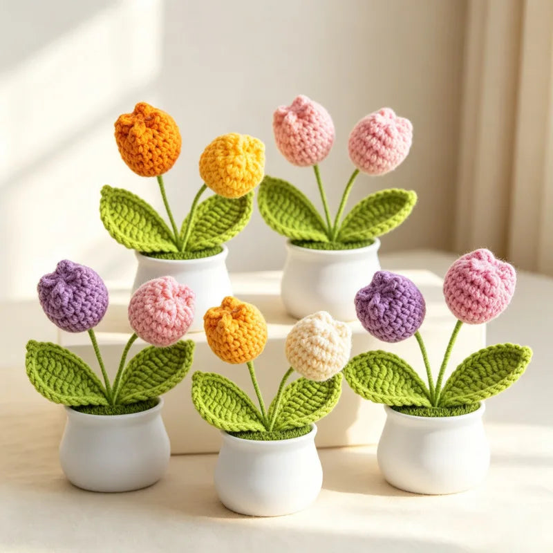 décoration maison tricotées artificielles fleurs orange jaune blanc rose violet vert