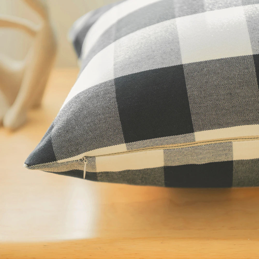 housse coussin noir blanc carreaux rayures moderne 30x50cm 45x45cm fixe décoration intérieur