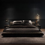 lit moderne gris carreaux 180x200cm bois oreillers draps couverture chambre