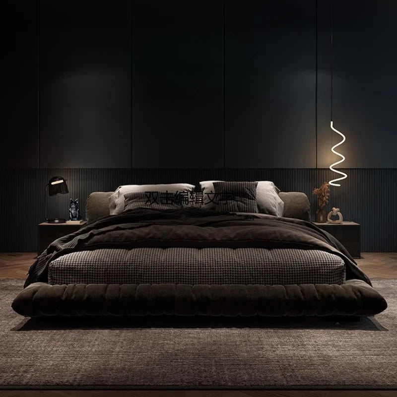 lit moderne gris carreaux 180x200cm bois oreillers draps couverture chambre