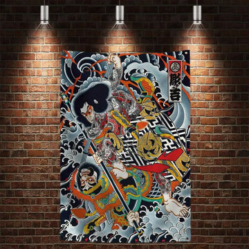 toile d'art japonais illustration floral animaux géométrique bleu noir blanc rouge vert or argent