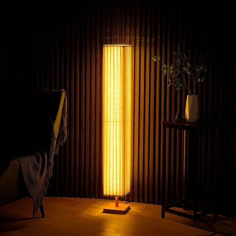 lampe sol led moderne tricot rayures horizontales blanc beige base bois