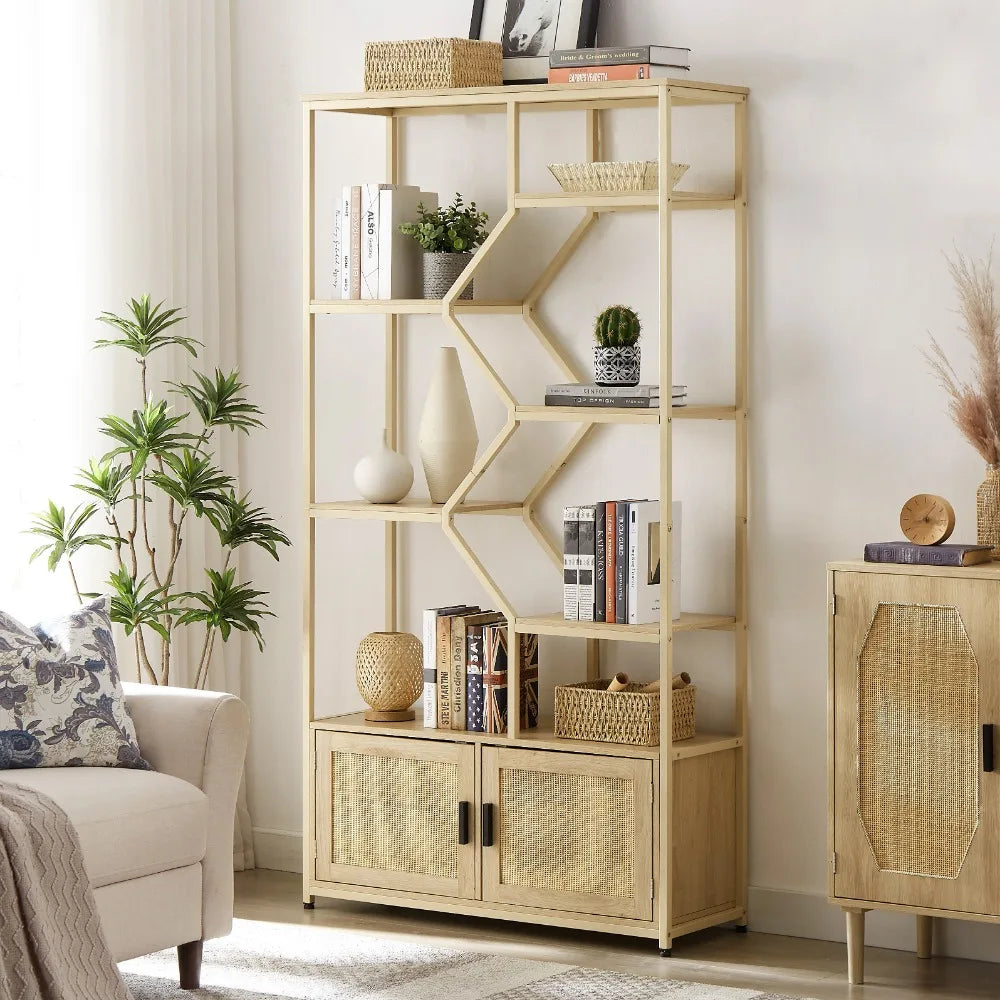 étagère bois rotin moderne niveaux portes poignées pieds ajustables naturel scandinave rangement