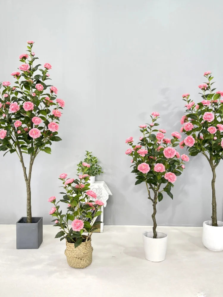 plante artificielle camélia fleurs roses blanches feuilles vertes pot décoration intérieur extérieur grande taille