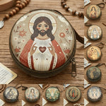 boîte rangement métal zipper illustrations religieuses saints coeurs sacrés multi usages opaques