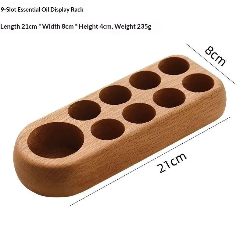 présentoir bois naturel rangement huiles essentielles flacons minimaliste salon beauté compartiments marbre marronclair