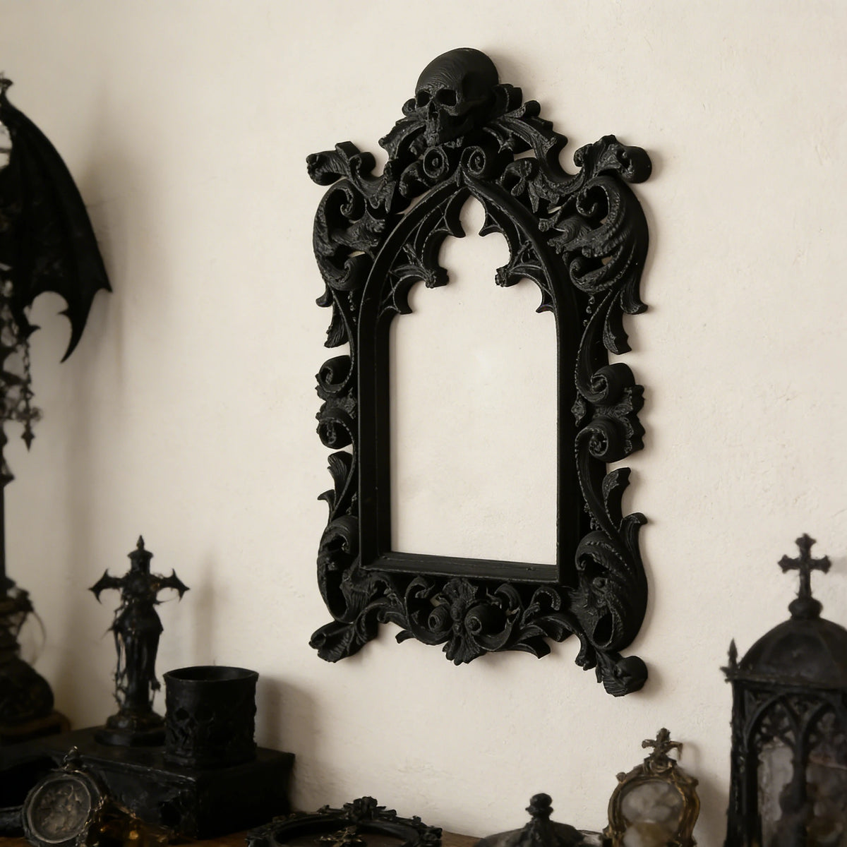miroir gothique ornements crâne noir decor mural intérieur 18cm 11.5cm