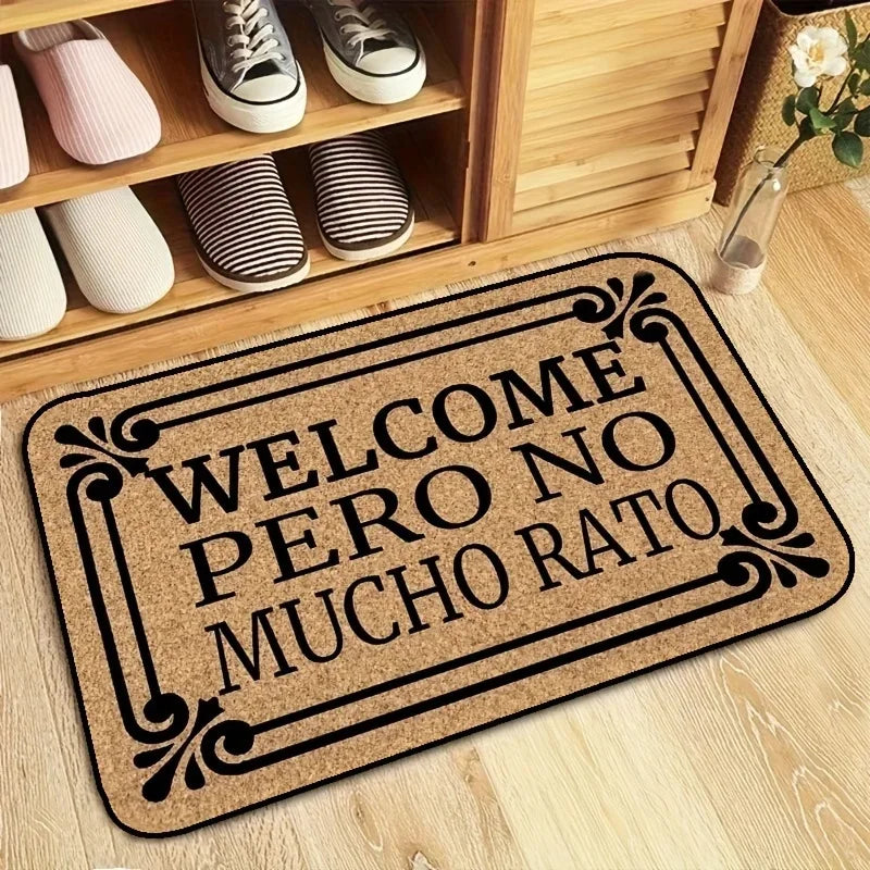 tapis d'entrée moderne beige noir motif géométrique antidérapant imperméable vintage bienvenue salle bain