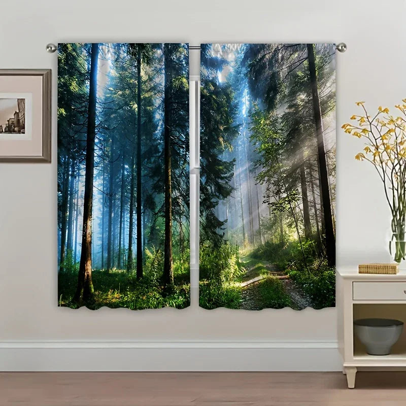 rideau imprimé forêt moderne bleu vert 100 polyester fenêtre 60x150cm x2