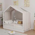 lit cabane enfant blanc moderne minimaliste coussins rideaux latéraux tapis