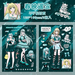 autocollants manga personnages textes confettis bleu violet noir blanc opaques scrapbooking álbum journal intime