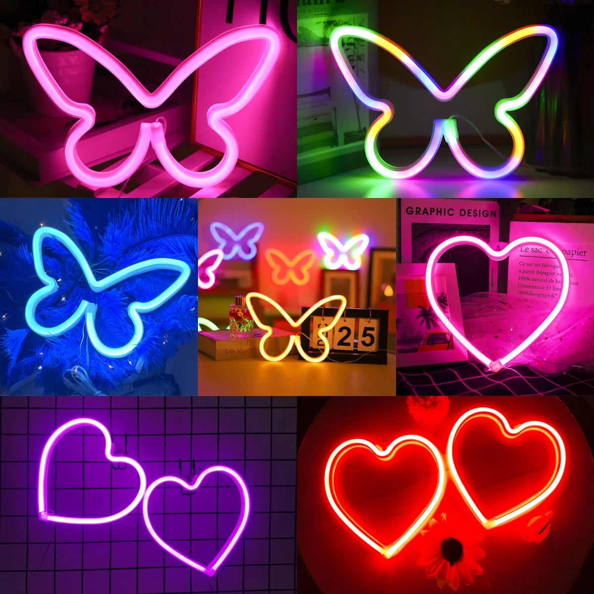 néons lumineux papillon cœur rose bleu violet blanc moderne décoration anniversaire noël mariage chambre