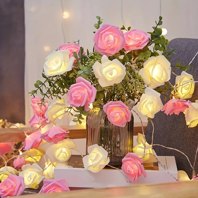 guirlande lumineuse rose fleurs roses artificielles led romantique chambre vacances