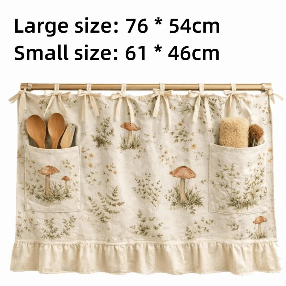 rideau cuisine rustique motif champignons beige poches accessoires 76 54 cm