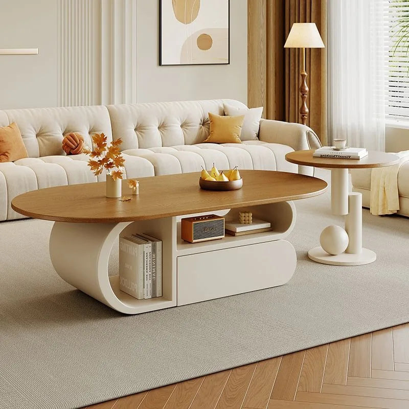table basse moderne minimaliste bois métal blanc salon decoration livres radio