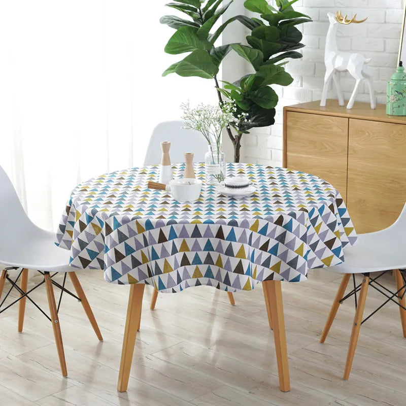 nappe ronde moderne triangles géométriques jaune bleu gris washable table manger mariage fête