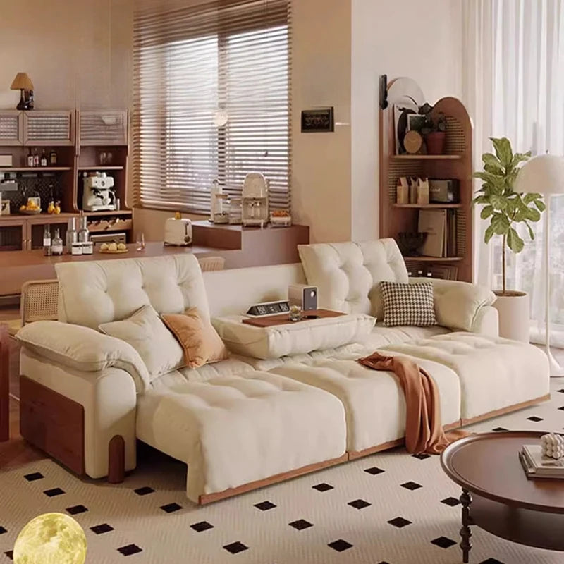 canapé lit moderne beige clair velours oreillers coussins salon chambre confortable