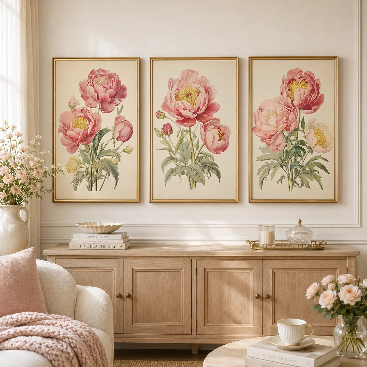 toile imprimée pivoine rose vintage décoration murale chambre salon illustration florale moderne