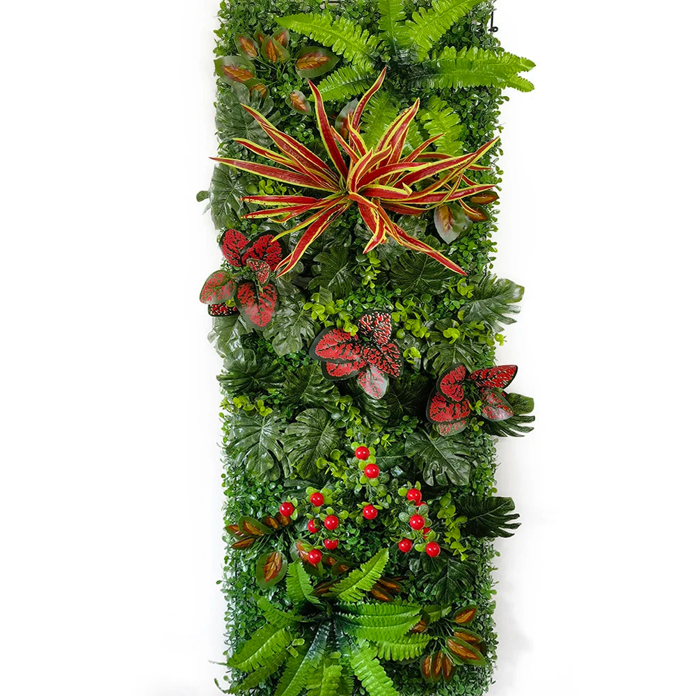 mur végétal artificiel panneau décoratif jardin maison feuilles vertes baies rouges naturel extérieur