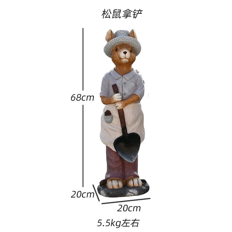 statues lapins extérieures decoration jardin beige gris marron fleurs decorative pelles chapeaux rustic