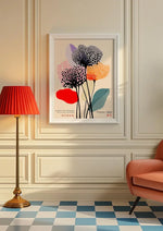 affiche moderne toile fleurs stylisées taches noires multicolore rouge noir blanc rose jaune bleu