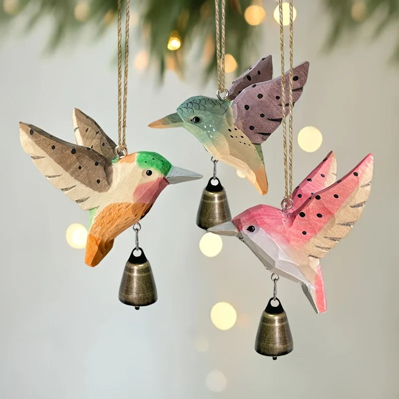 pendentif oiseau suspendu bois artisanal cloche métallique vert rose marron origami rustique