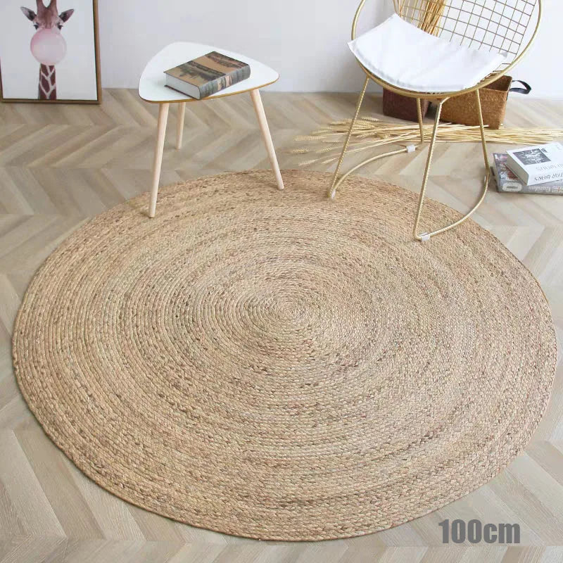 tapis rond tissé motifs concentriques couleur beige rustique naturel salon maisonhôtel