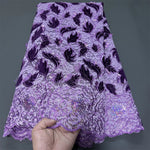 tissu dentelle violet noir rose fleurs feuilles paillettes broderie cérémonie mariage haut qualité 130cm