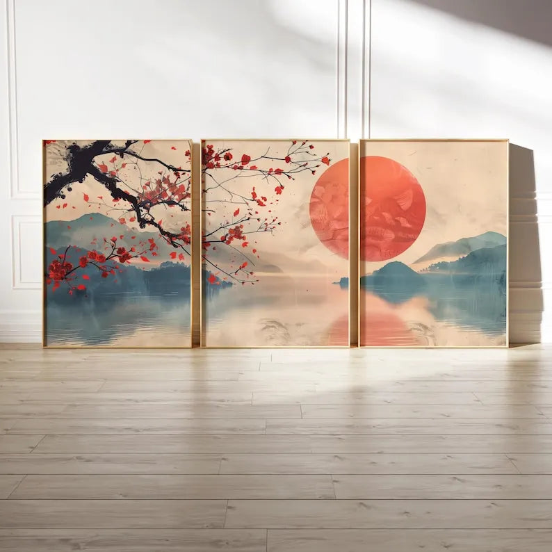 tableaux toile paysages japonais art contemporain rouge noir beige bleu gris montagnes fleurs ciel