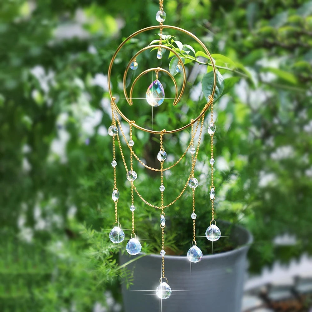 mobile solaire cristal or spirale chaînettes boho chic deco extérieure attrape soleil facettes