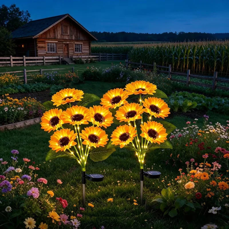 lampes solaires extérieures fleurs tournesol jaune noires modernes jardin balcon piquets métalliques base solaire