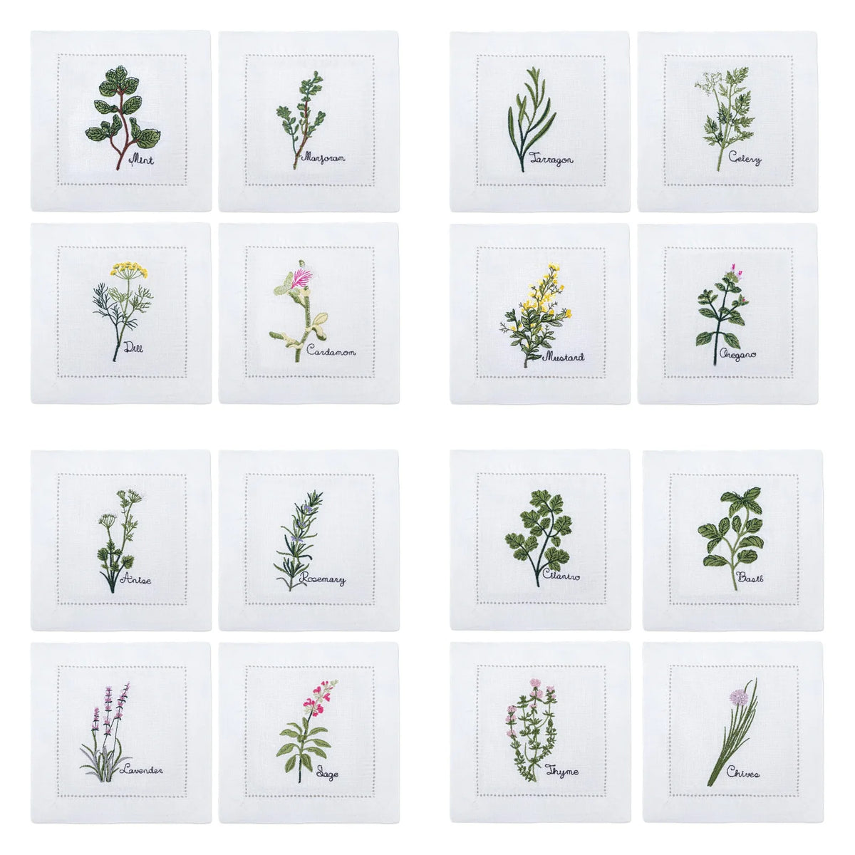 serviette cuisine lin blanc brodée motifs plantes aromatiques naturelle table élégante