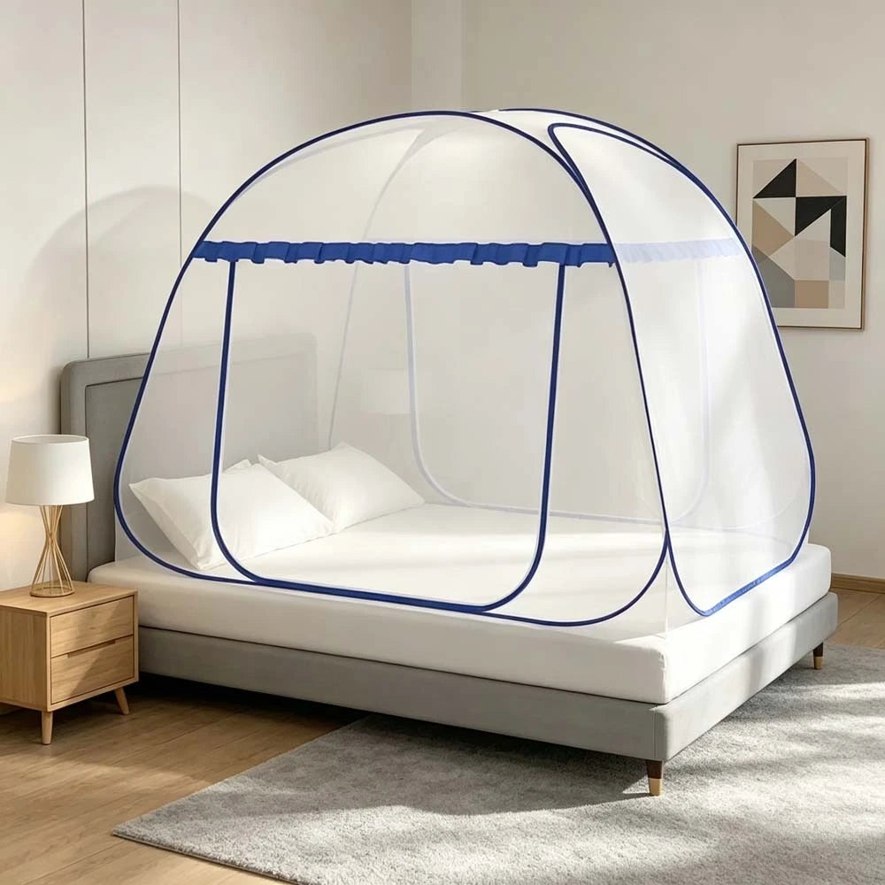 filet anti moustiques blanc bleu moderne pliable lit camping voyage transparent ventilation clips included