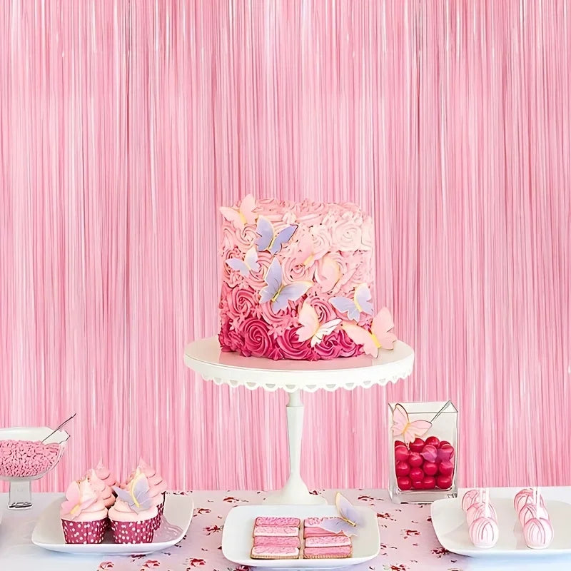 rideau franges rose brillant décoration mariage anniversaire fête gâteau cupcakes ballons confettisDecorationMuraleFestiveFrangesRoseBrillantesPourEvènementsFamiliauxEtProfessionnels