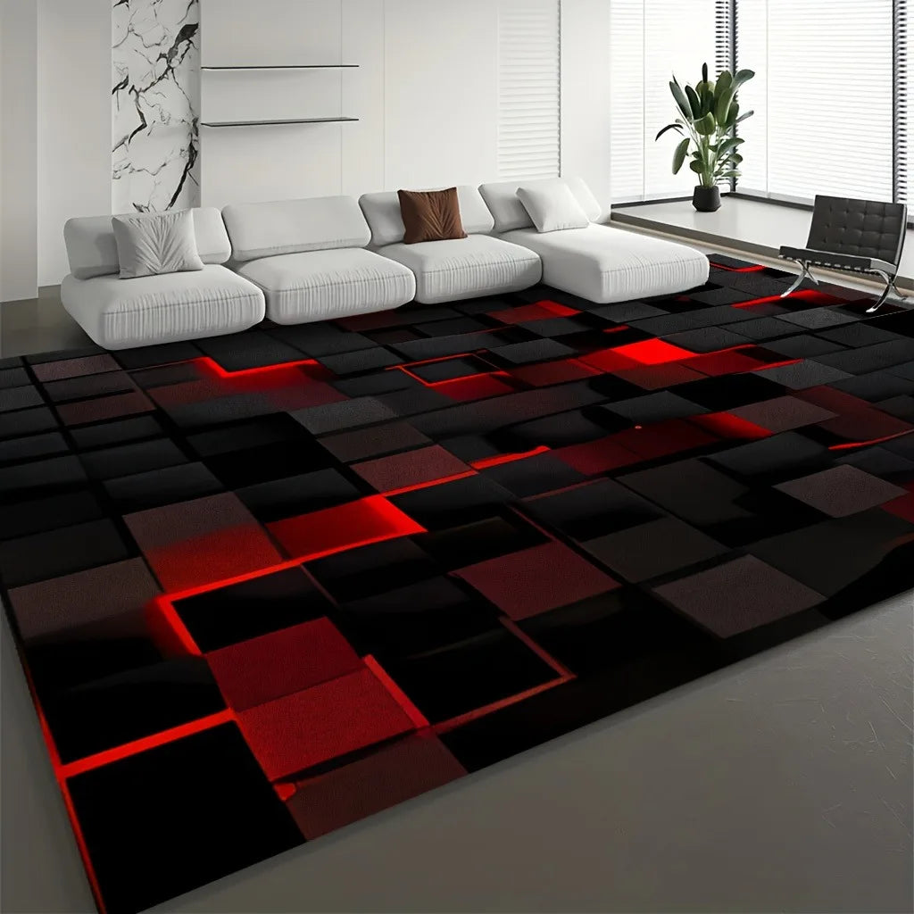 tapis moderne carreaux géométriques noir rouge gris salon chambre prière extérieur.decoratif