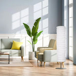 lampe sol moderne abat jour blanc rayures horizontales opacité base noire câble électrique 22cm