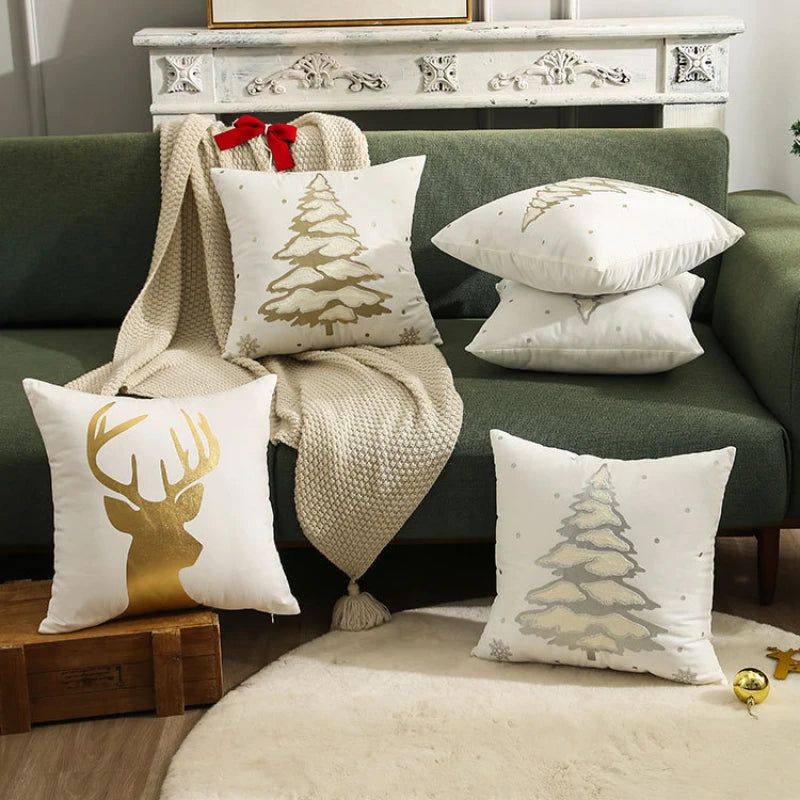 housses coussin noël arbre flocon doré blanc decoration maison car sofa 45x45cm handwash confort